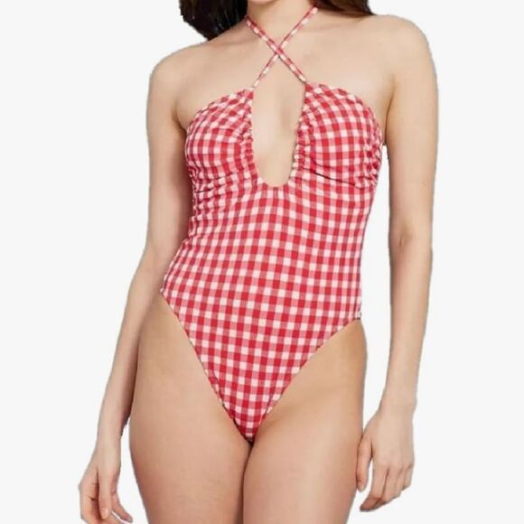 Wild Fable Red Gingham Halter Neck High Leg One Piece Swimsuit XL - Picture 6 of 16
